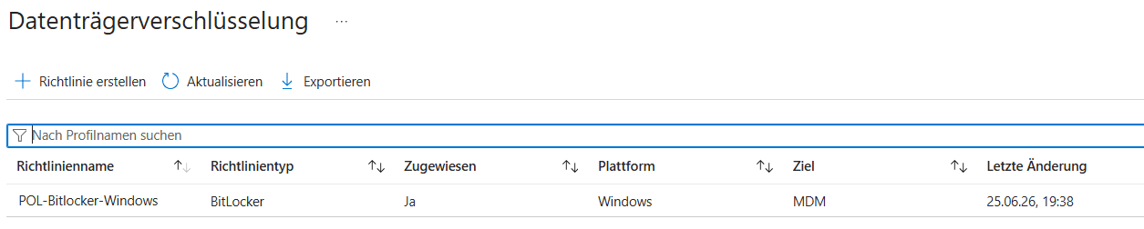 BitLocker disk encryption policy configured in Microsoft Intune