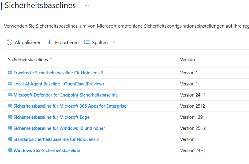 Microsoft security baselines available in Microsoft Intune