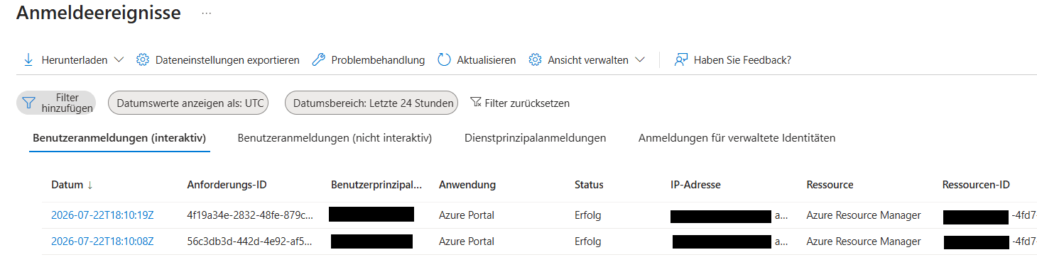 Microsoft Entra sign-in logs showing successful authentication events